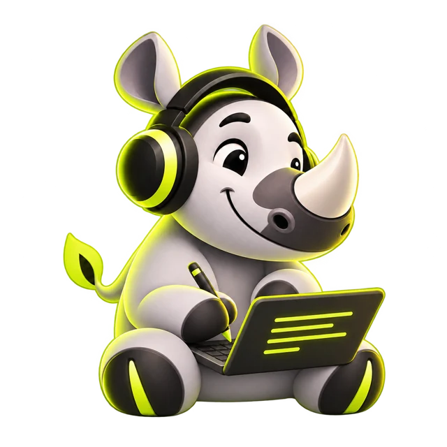 Rhyme Rhino writing lyrics with a pen and laptop