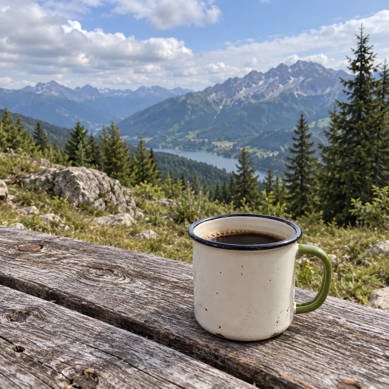 An ordinary coffee mug on a picnic bench during a mountain trip