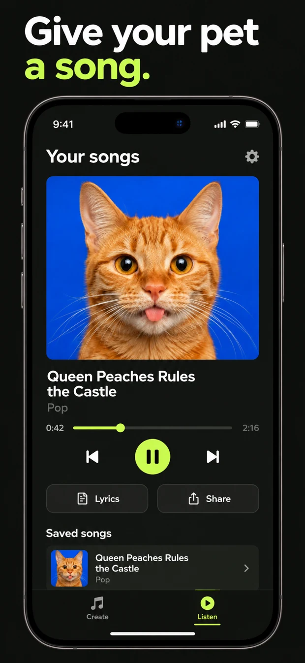 App preview: Queen Peaches Rules the Castle, a personal song with a cat photo cover and playback controls